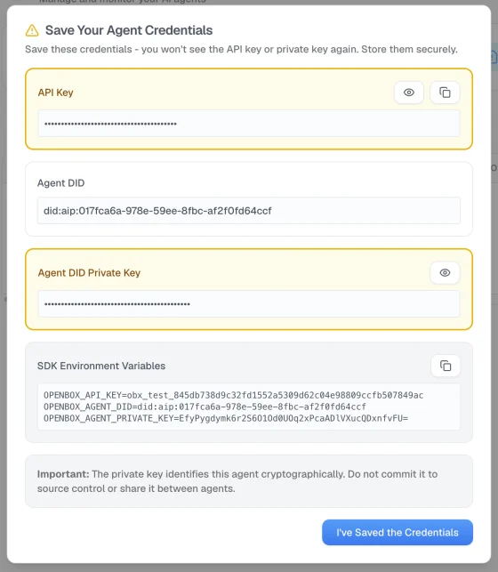 Save Your Agent Credentials dialog